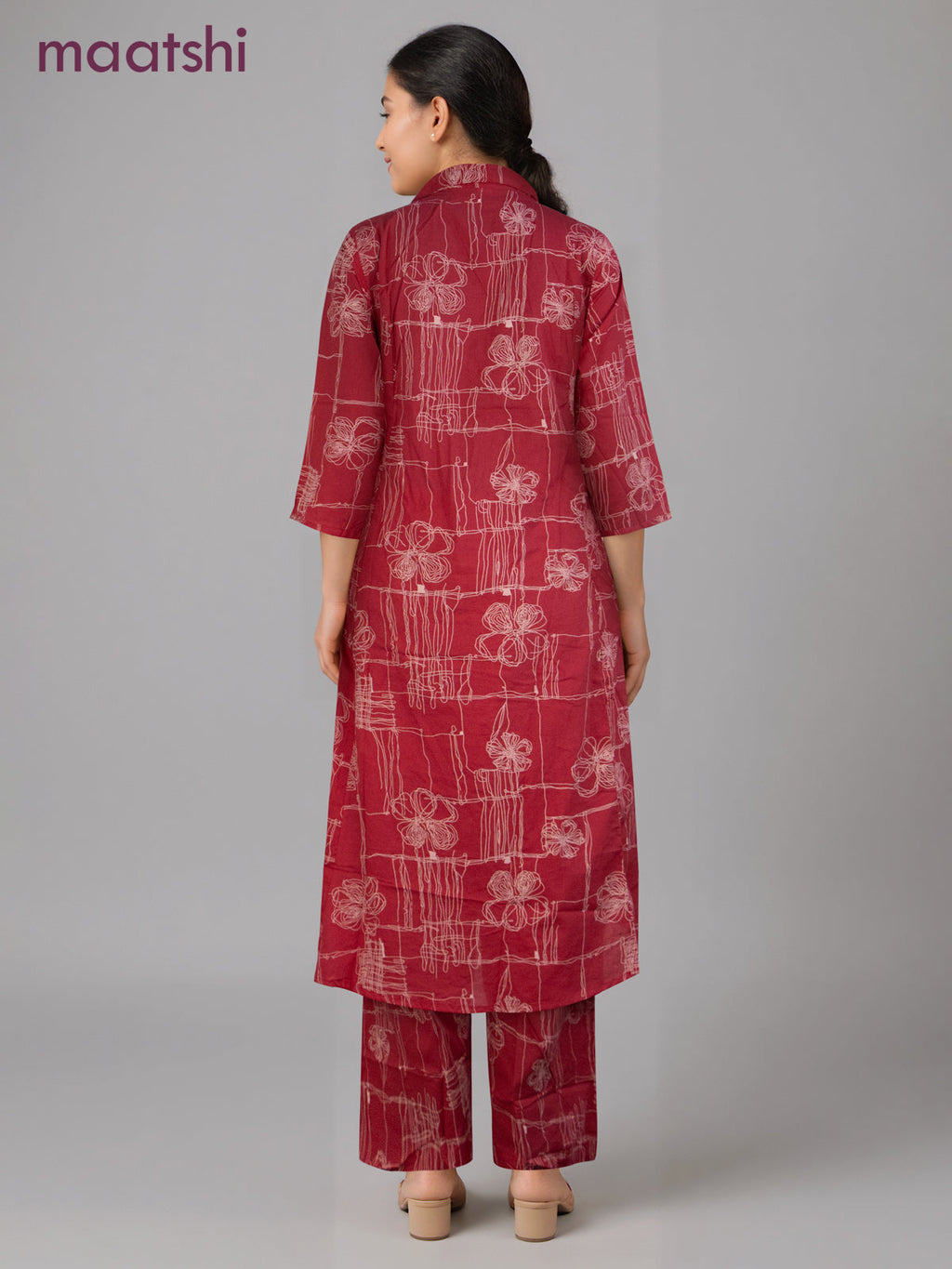 Cotton co-ord set pink with allover prints & collar neck pattern and palazzo pant