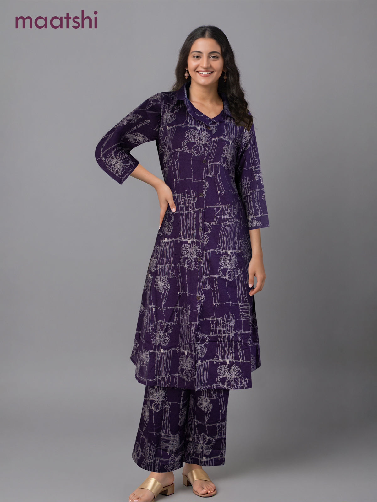 Cotton co-ord set violet with allover prints & collar neck pattern and palazzo pant