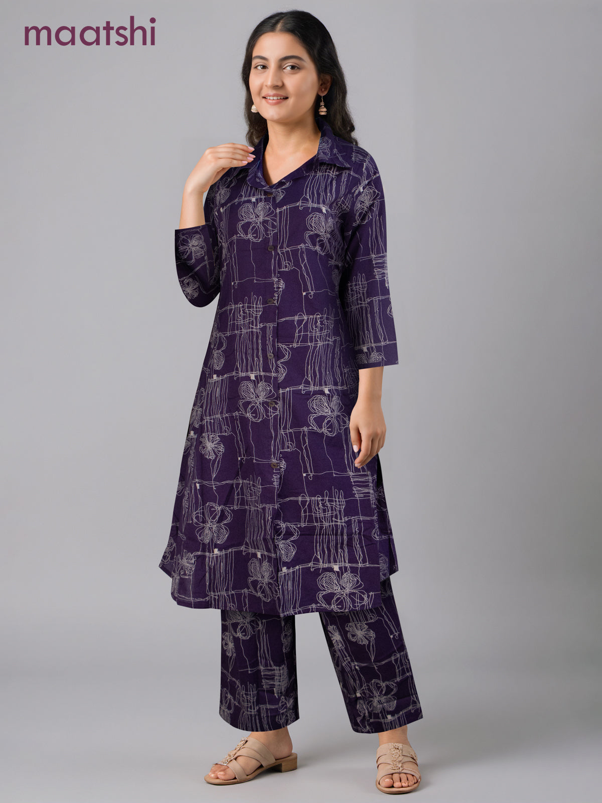 Cotton co-ord set violet with allover prints & collar neck pattern and palazzo pant