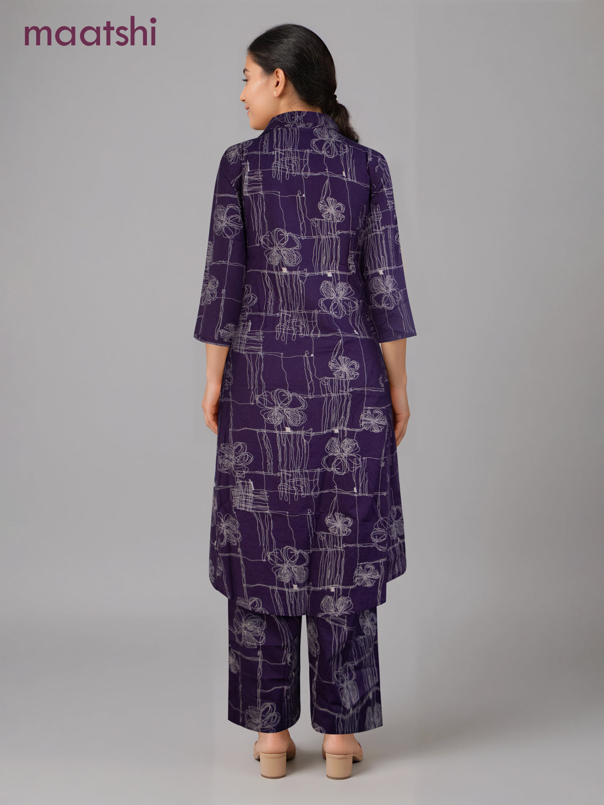 Cotton co-ord set violet with allover prints & collar neck pattern and palazzo pant