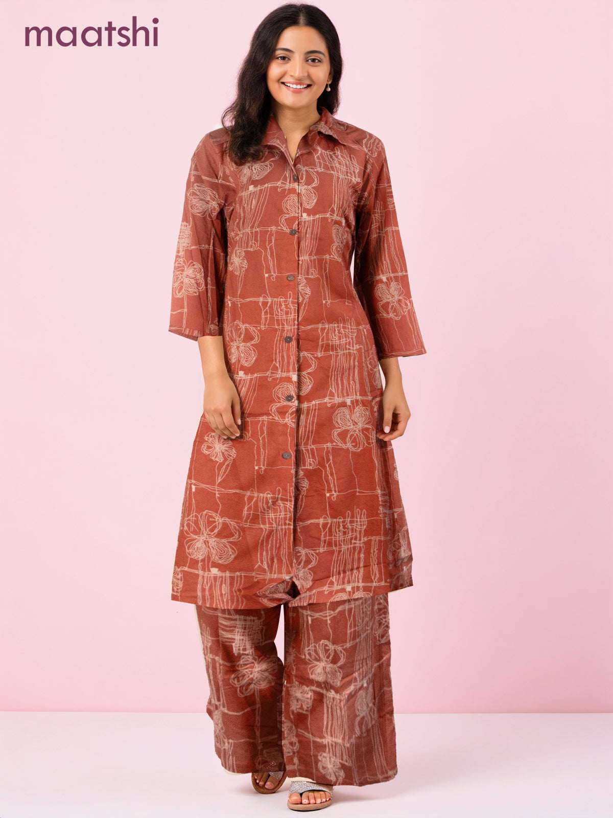 Cotton co-ord set rust shade with allover prints & collar neck pattern and palazzo pant