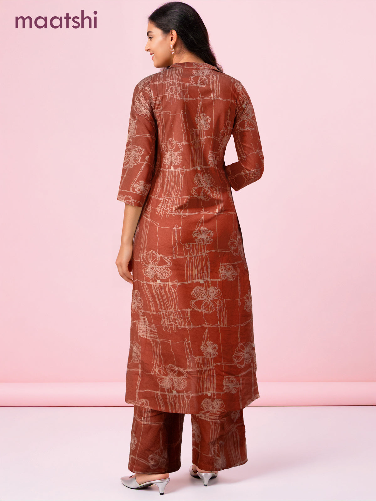 Cotton co-ord set rust shade with allover prints & collar neck pattern and palazzo pant