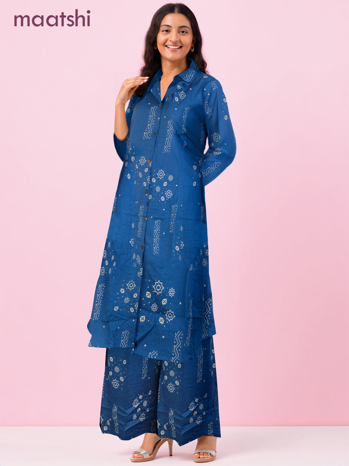 Cotton co-ord set blue with prints & collar neck pattern and palazzo pant