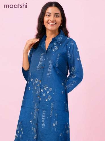 Cotton co-ord set blue with prints & collar neck pattern and palazzo pant