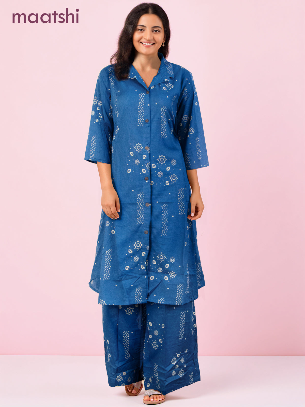 Cotton co-ord set blue with prints & collar neck pattern and palazzo pant
