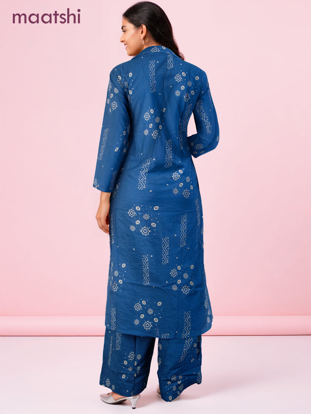 Cotton co-ord set blue with prints & collar neck pattern and palazzo pant