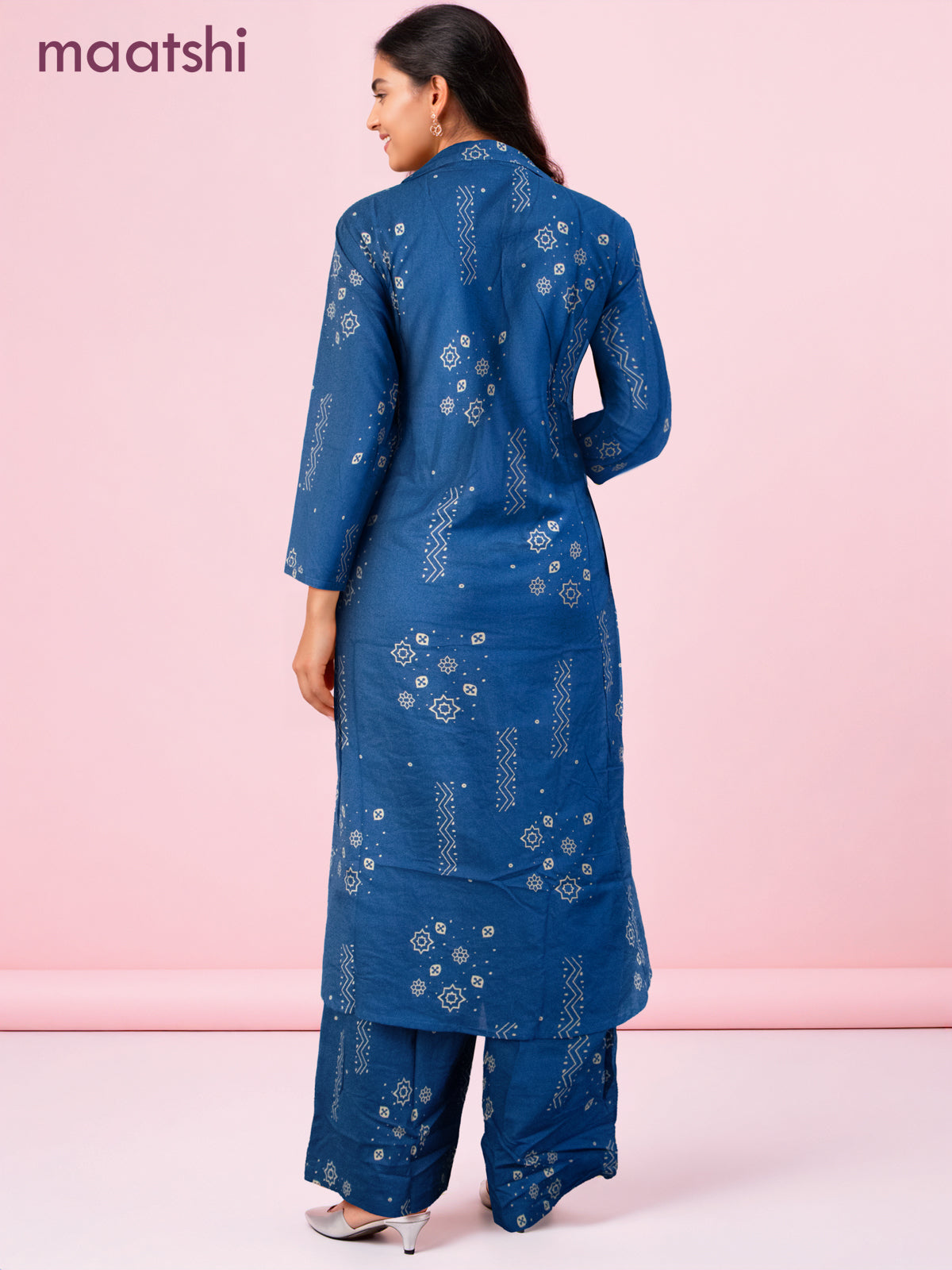 Cotton co-ord set blue with prints & collar neck pattern and palazzo pant