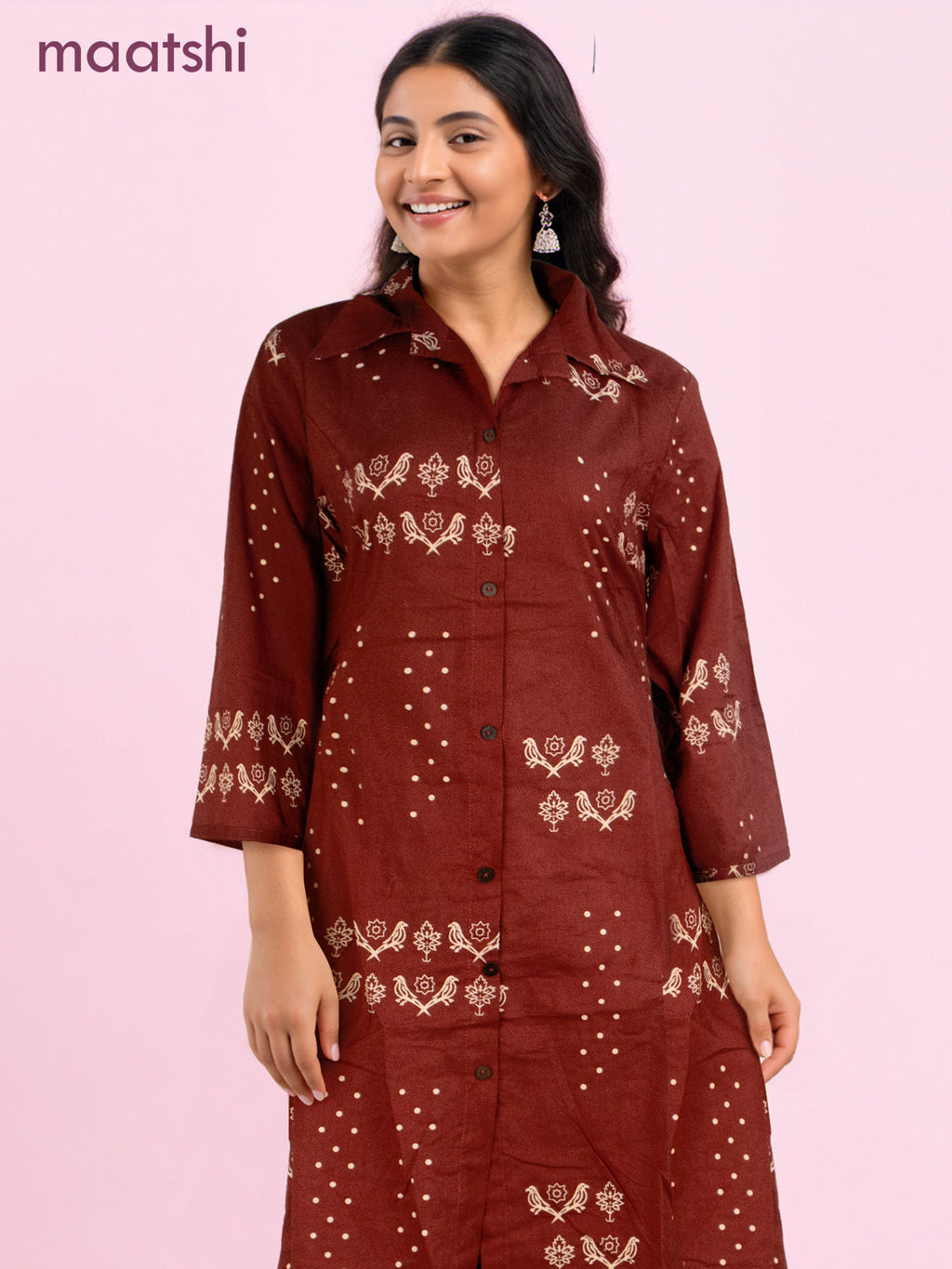 Cotton co-ord set rustic maroon with prints & collar neck pattern and palazzo pant