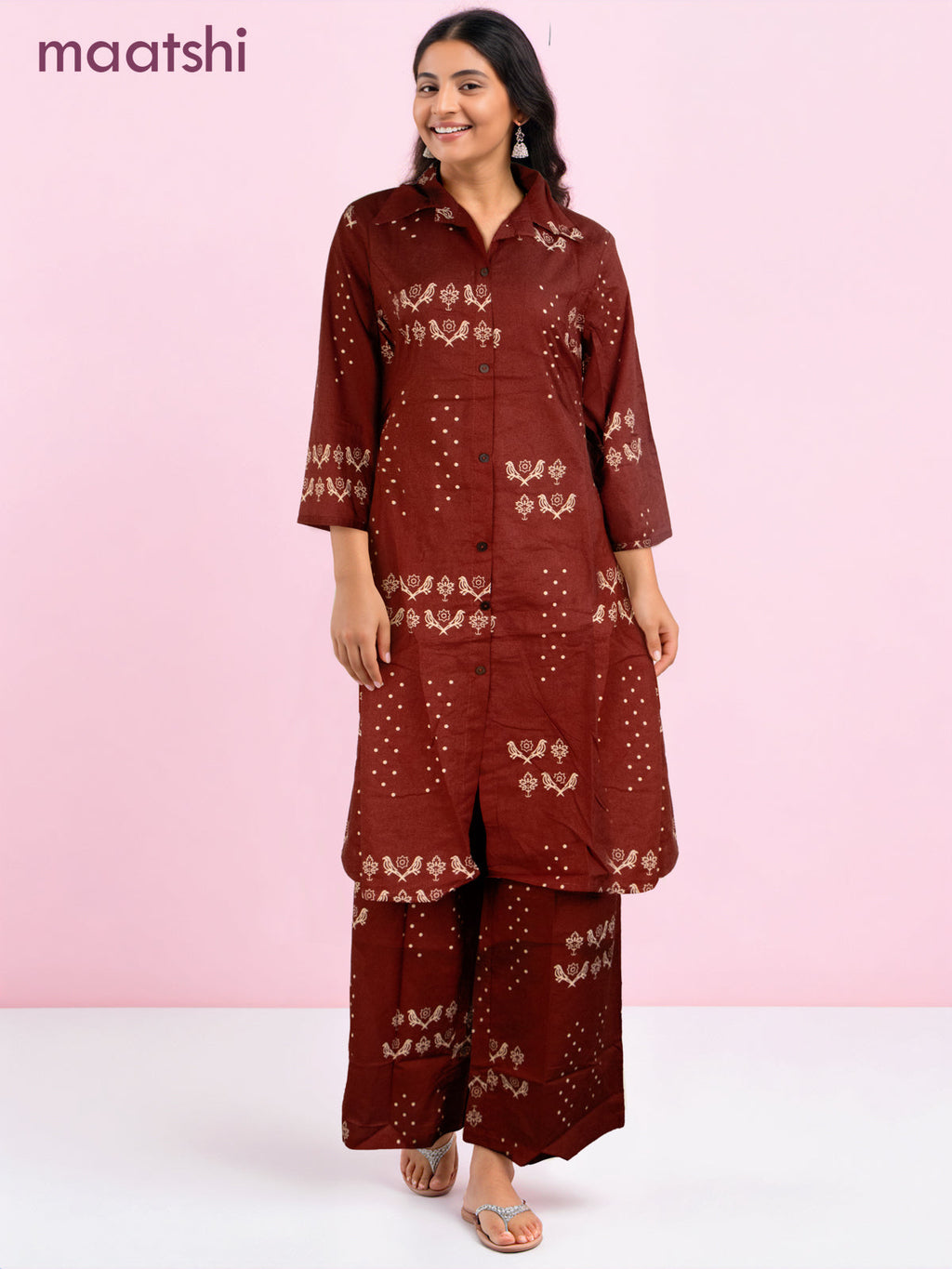 Cotton co-ord set rustic maroon with prints & collar neck pattern and palazzo pant