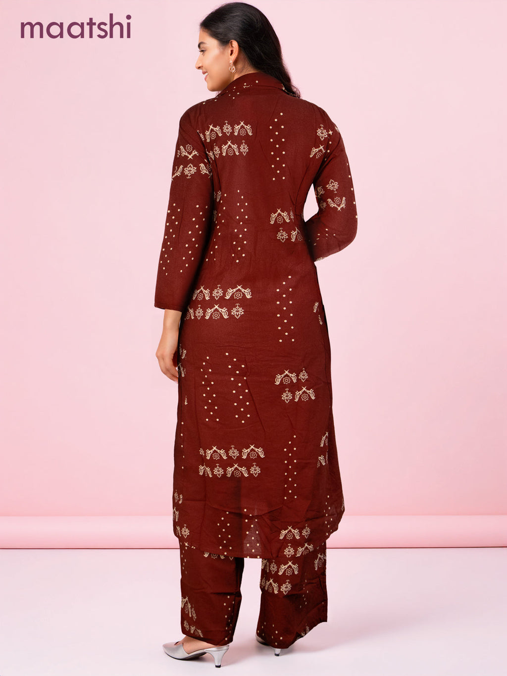 Cotton co-ord set rustic maroon with prints & collar neck pattern and palazzo pant
