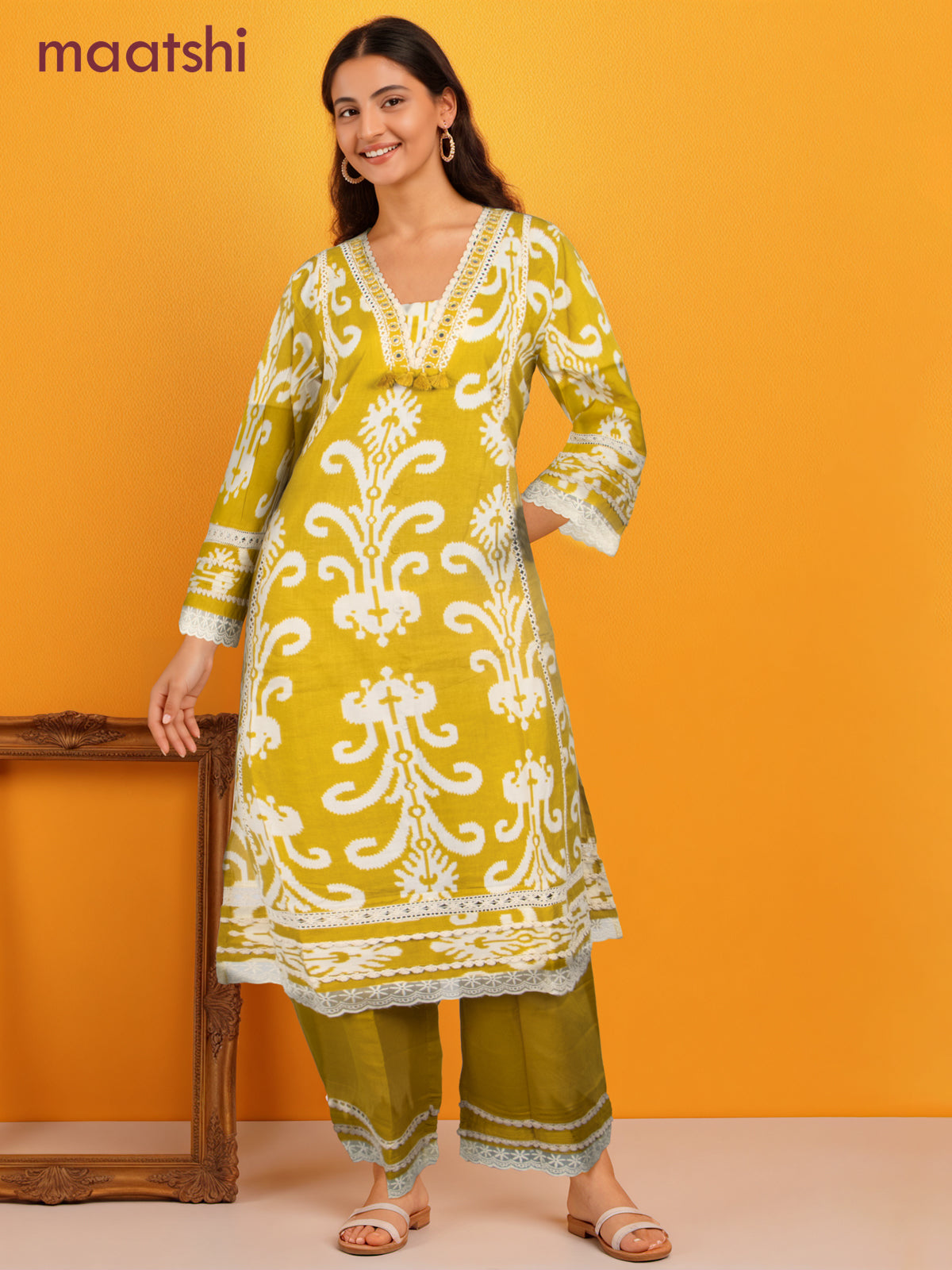 Cotton salwar suit lime green and cream with ikat weaves & lace hakoba work neck pattern and palazzo pant & dupatta
