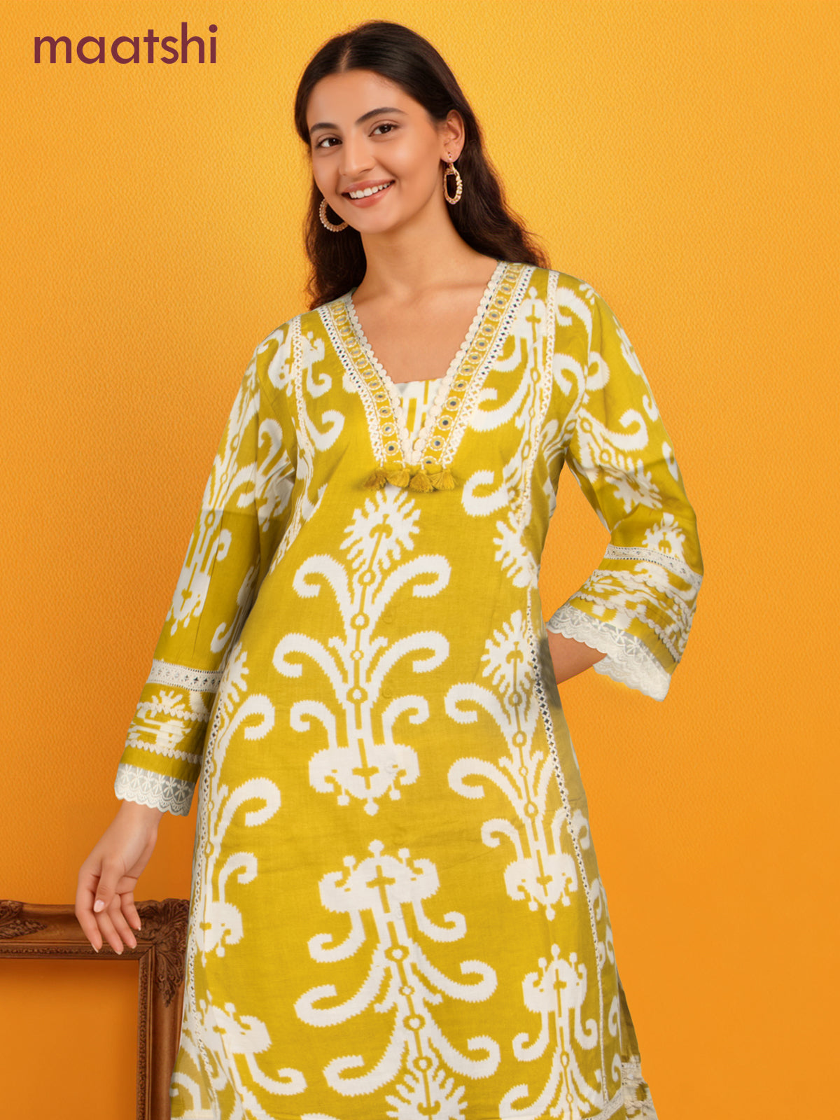 Cotton salwar suit lime green and cream with ikat weaves & lace hakoba work neck pattern and palazzo pant & dupatta