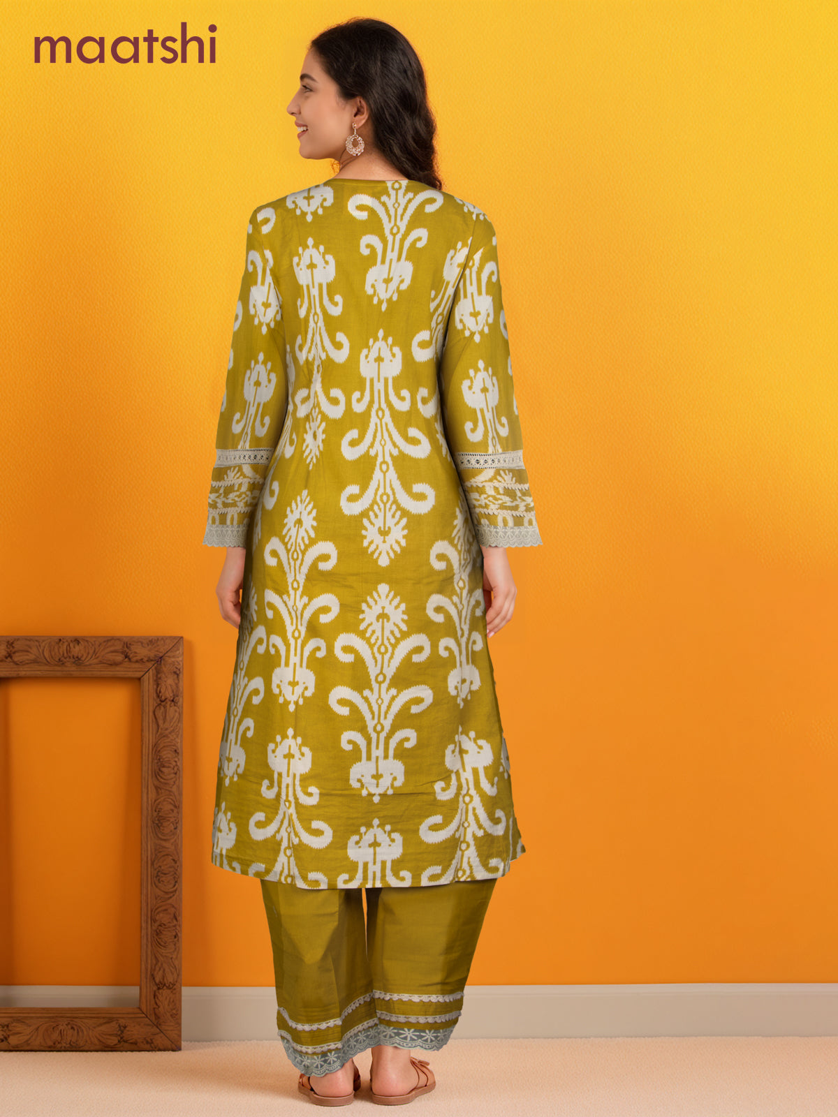 Cotton salwar suit lime green and cream with ikat weaves & lace hakoba work neck pattern and palazzo pant & dupatta