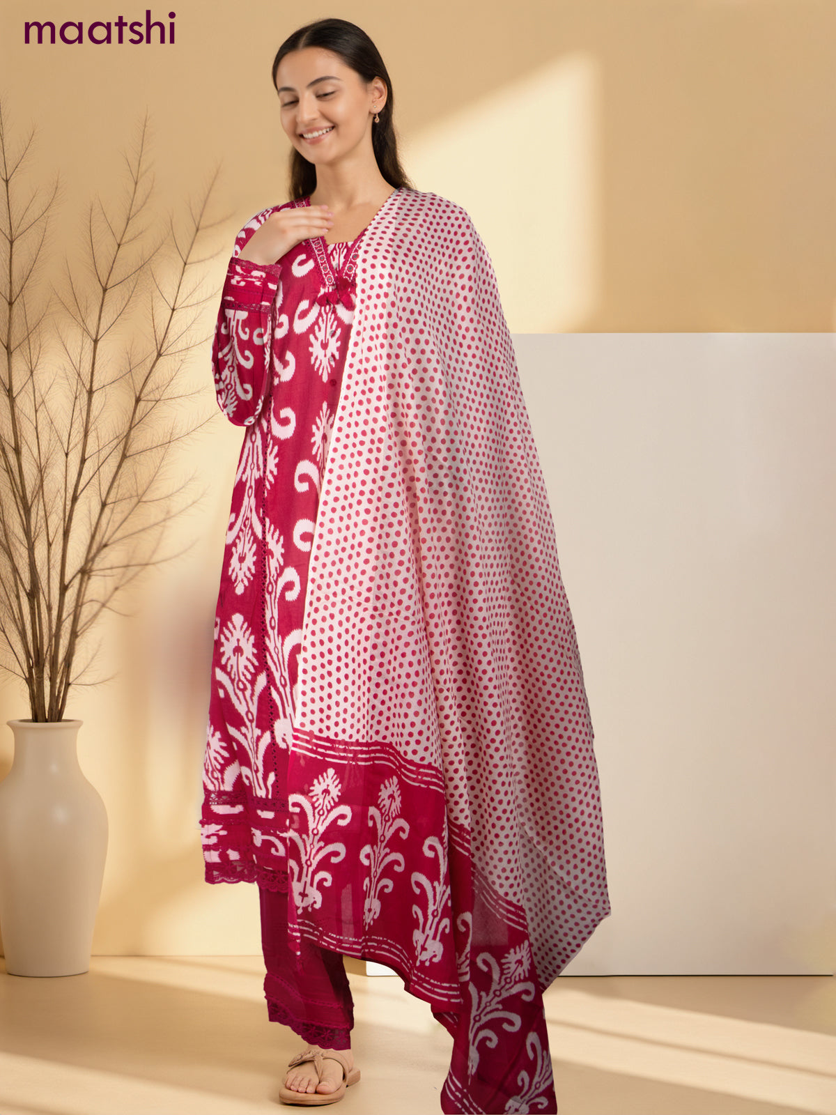 Cotton salwar suit pink with ikat weaves & lace hakoba work neck pattern and palazzo pant & dupatta
