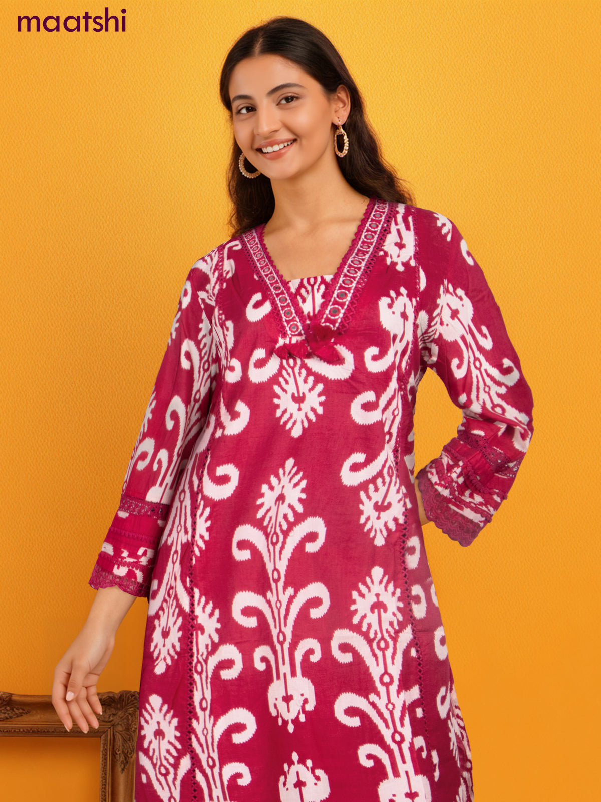 Cotton salwar suit pink with ikat weaves & lace hakoba work neck pattern and palazzo pant & dupatta