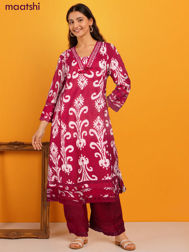 Cotton salwar suit pink with ikat weaves & lace hakoba work neck pattern and palazzo pant & dupatta
