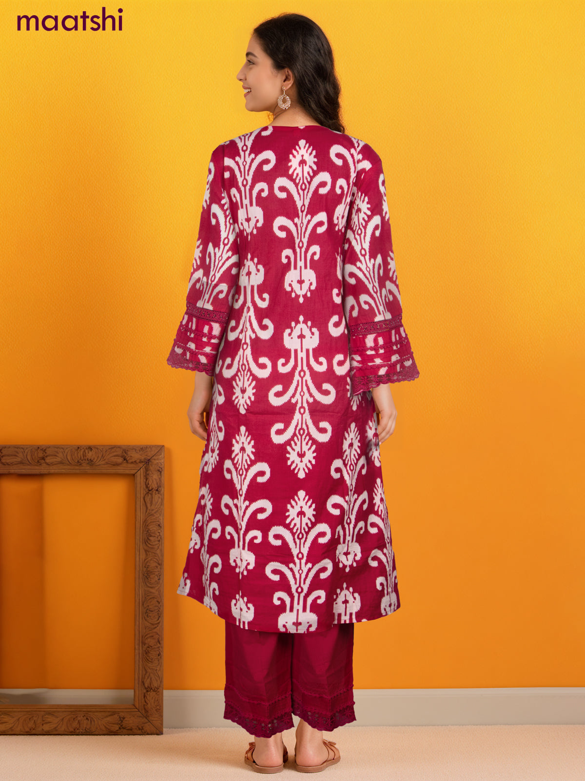Cotton salwar suit pink with ikat weaves & lace hakoba work neck pattern and palazzo pant & dupatta