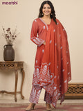 A-line salwar suit rust shade and off white with butta prints & embroidery hakoba work neck pattern and palazzo pant & dupatta
