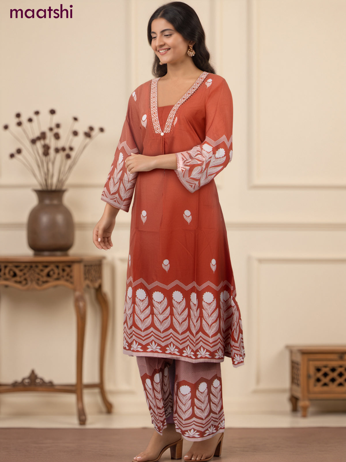 A-line salwar suit rust shade and off white with butta prints & embroidery hakoba work neck pattern and palazzo pant & dupatta