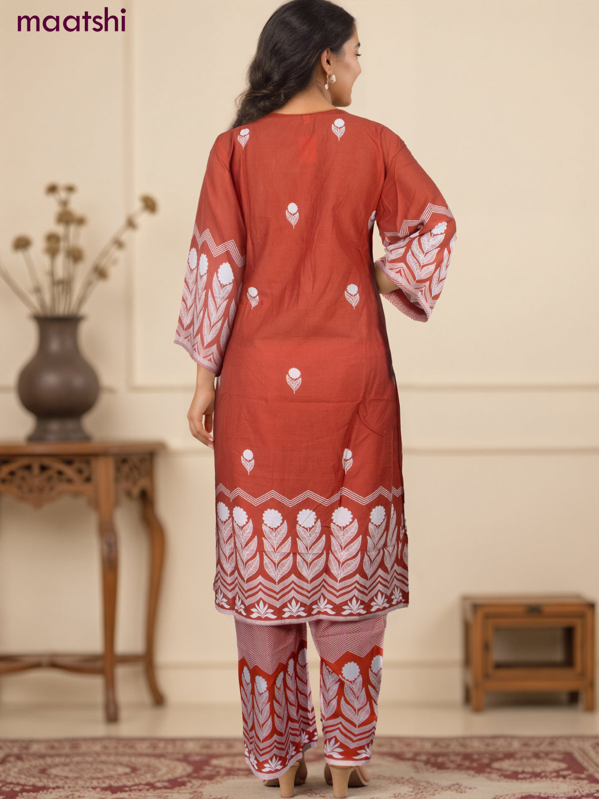 A-line salwar suit rust shade and off white with butta prints & embroidery hakoba work neck pattern and palazzo pant & dupatta