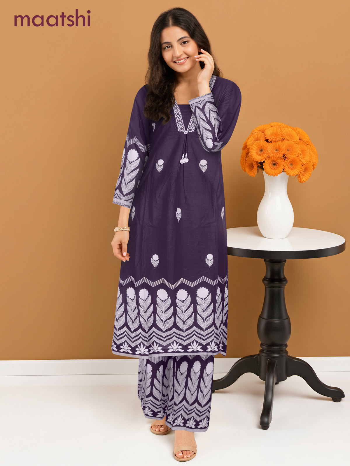 A-line salwar suit purple shade and off white with butta prints & embroidery hakoba work neck pattern and palazzo pant & dupatta