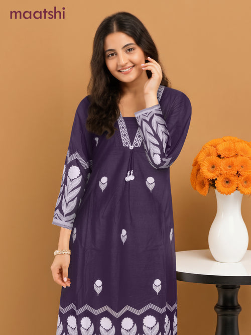 A-line salwar suit purple shade and off white with butta prints & embroidery hakoba work neck pattern and palazzo pant & dupatta