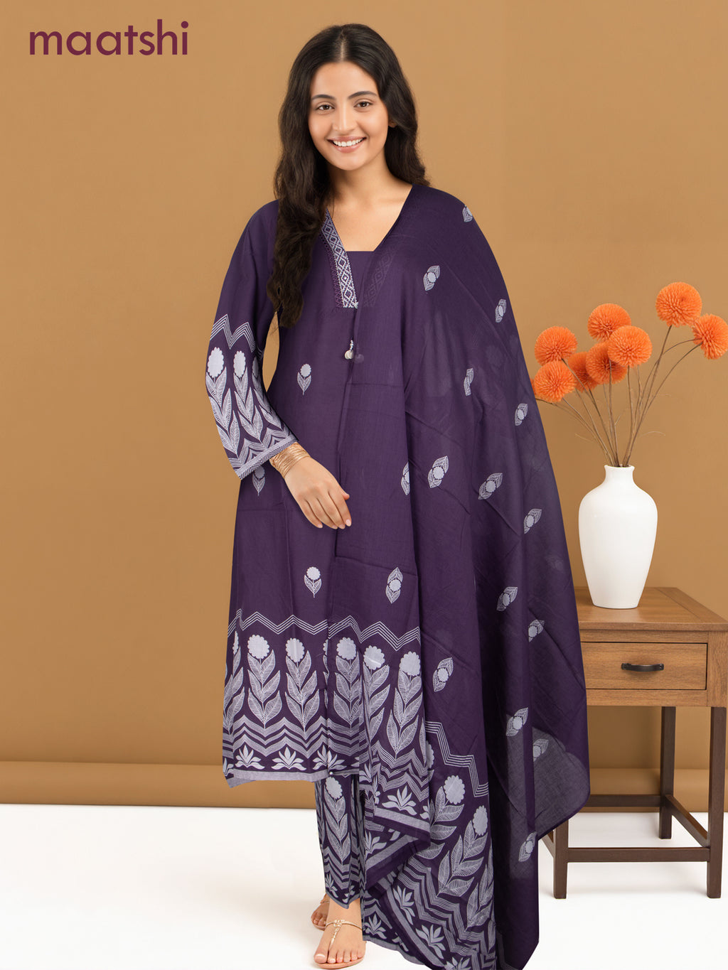 A-line salwar suit purple shade and off white with butta prints & embroidery hakoba work neck pattern and palazzo pant & dupatta