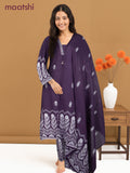 A-line salwar suit purple shade and off white with butta prints & embroidery hakoba work neck pattern and palazzo pant & dupatta