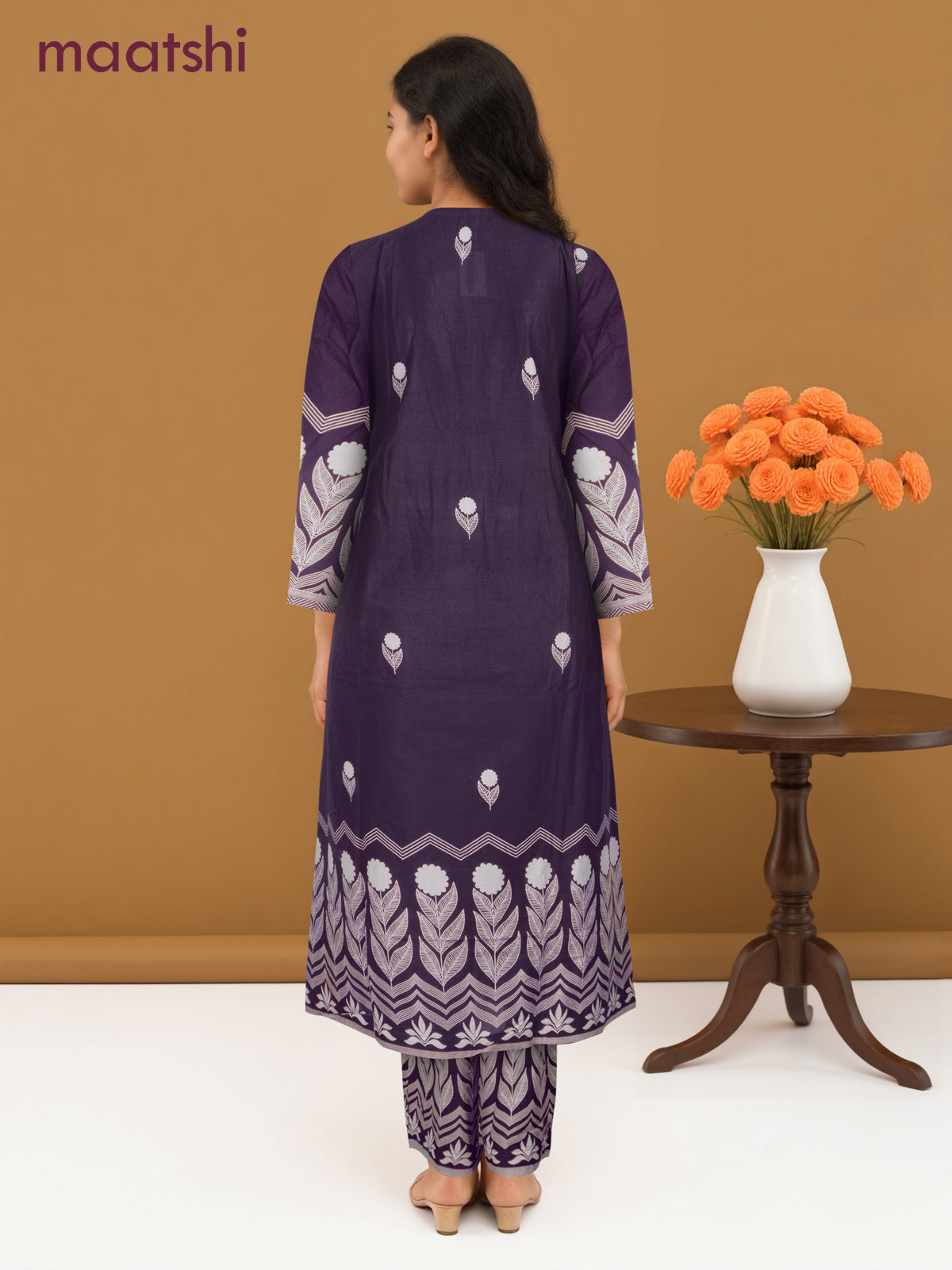 A-line salwar suit purple shade and off white with butta prints & embroidery hakoba work neck pattern and palazzo pant & dupatta