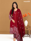 A-line salwar suit maroon and off white with butta prints & embroidery hakoba work neck pattern and palazzo pant & dupatta