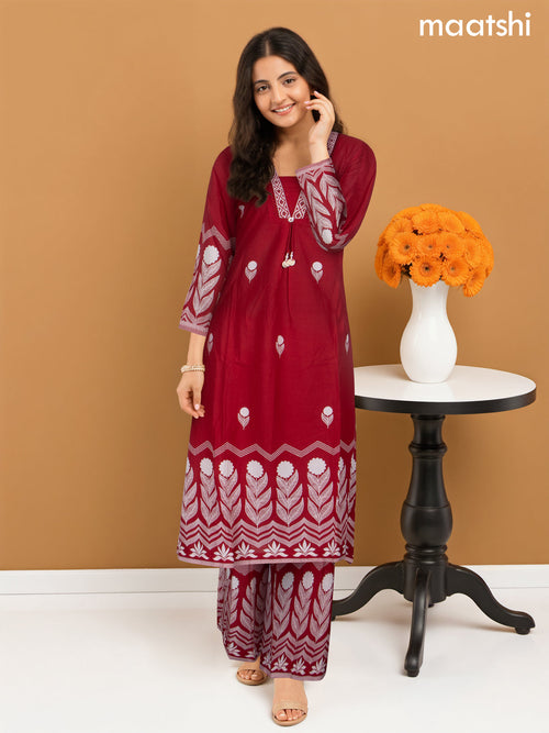 A-line salwar suit maroon and off white with butta prints & embroidery hakoba work neck pattern and palazzo pant & dupatta