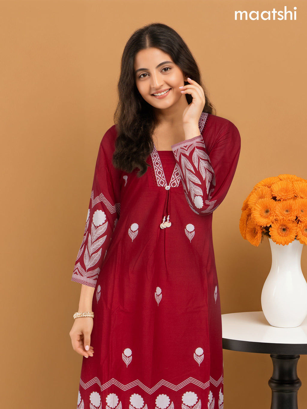 A-line salwar suit maroon and off white with butta prints & embroidery hakoba work neck pattern and palazzo pant & dupatta