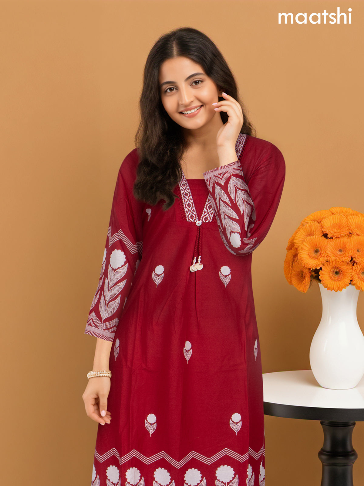 A-line salwar suit maroon and off white with butta prints & embroidery hakoba work neck pattern and palazzo pant & dupatta