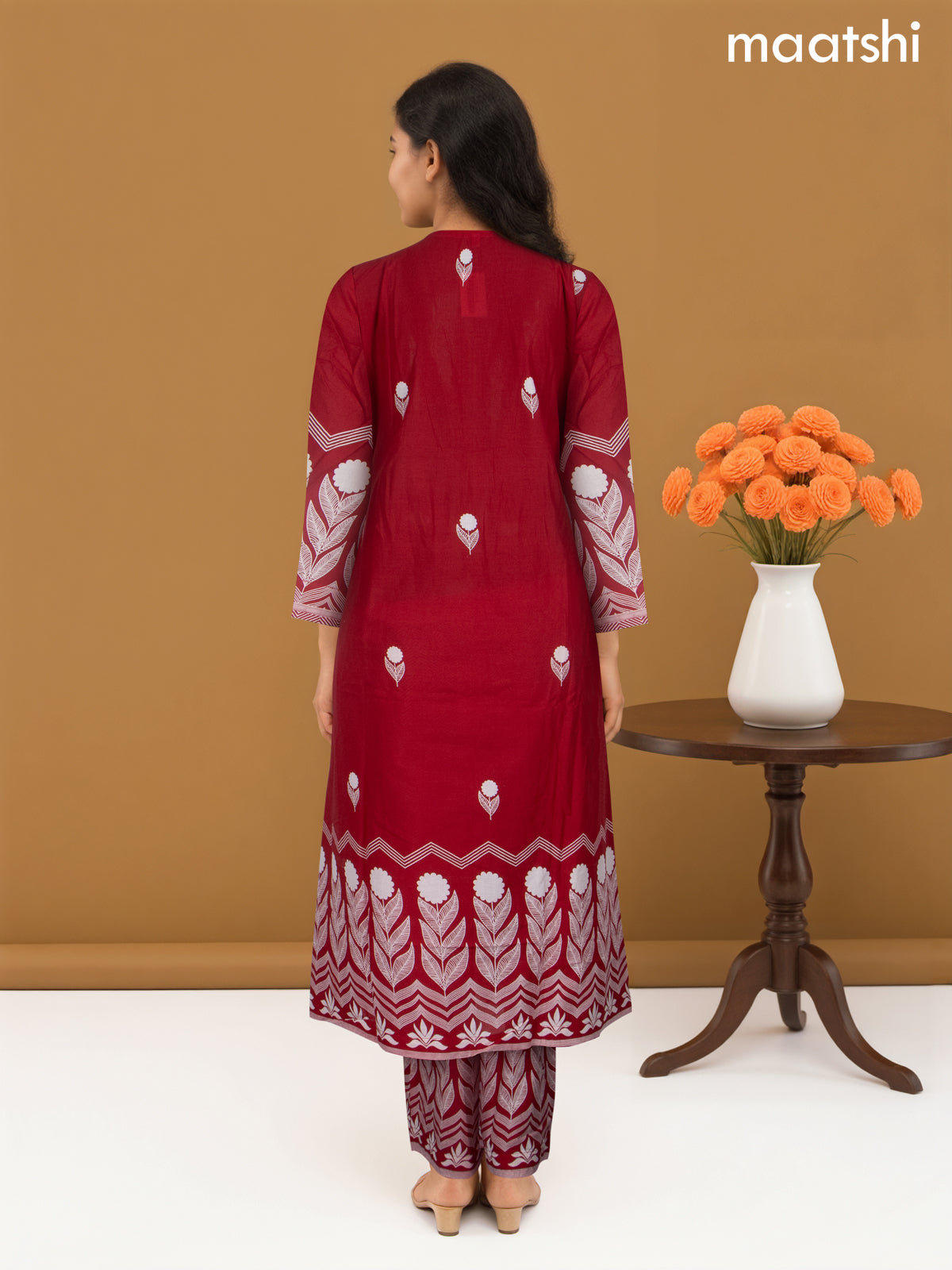 A-line salwar suit maroon and off white with butta prints & embroidery hakoba work neck pattern and palazzo pant & dupatta