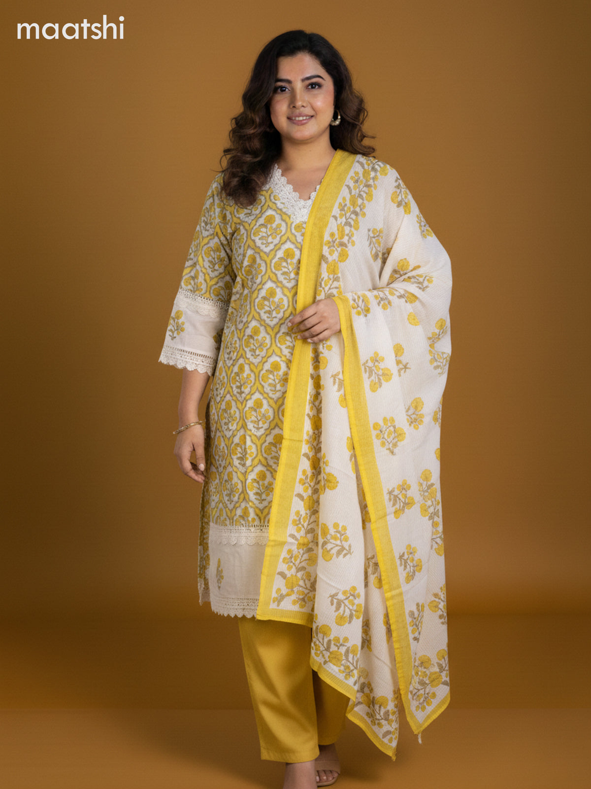 Off White and Pale Yellow Cotton Printed Straight Suit