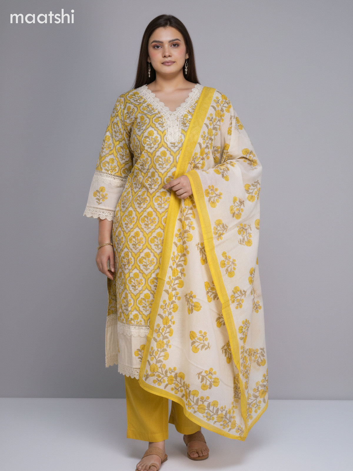 Off White and Pale Yellow Cotton Printed Straight Suit