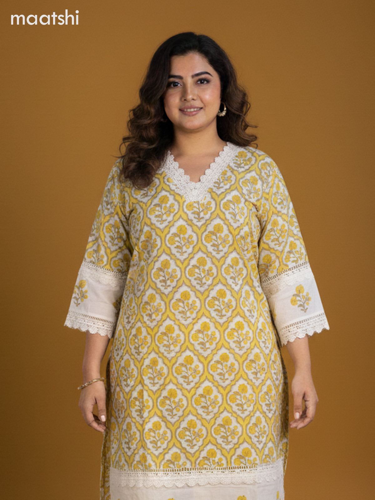 Off White and Pale Yellow Cotton Printed Straight Suit