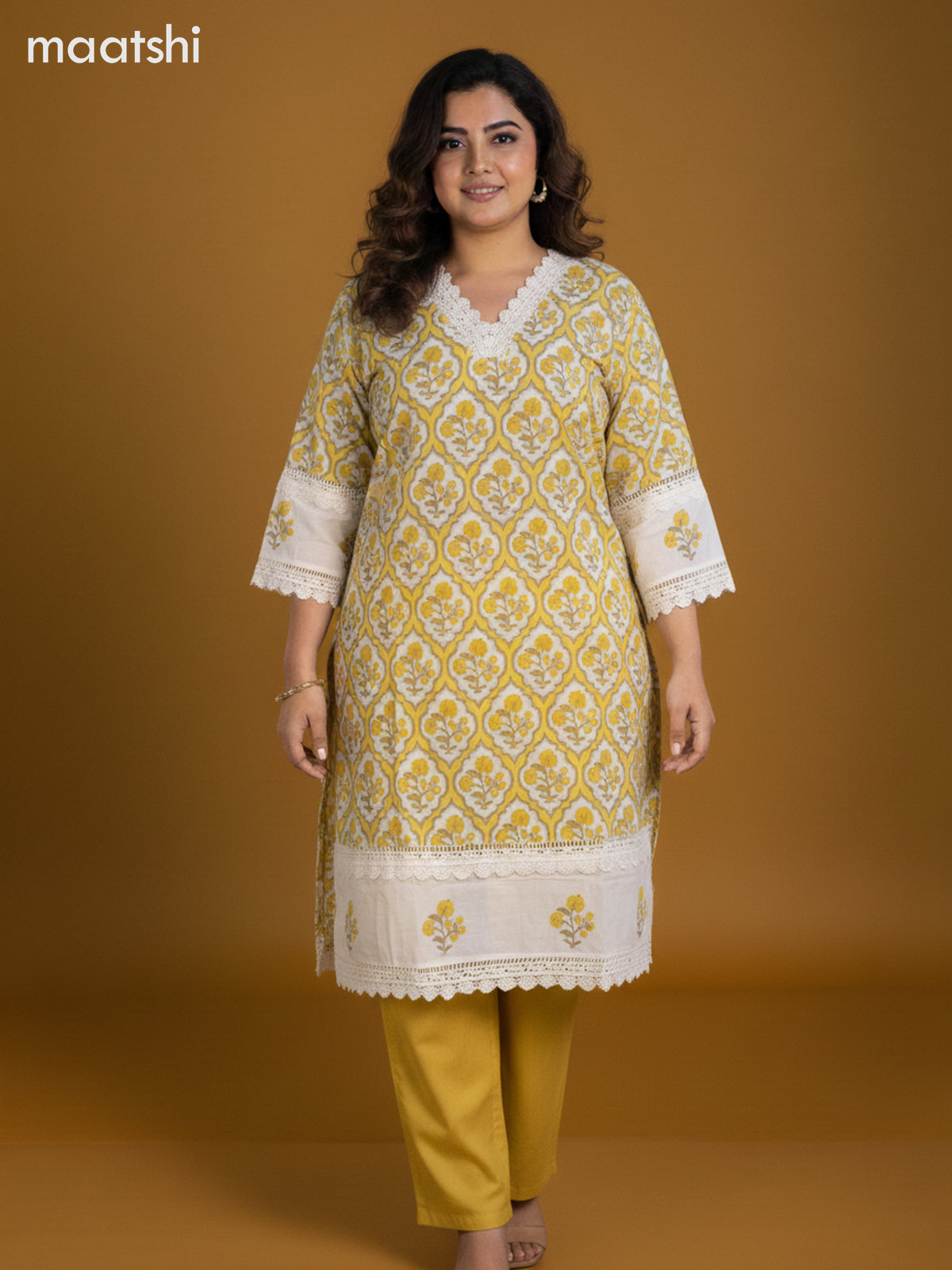 Off White and Pale Yellow Cotton Printed Straight Suit