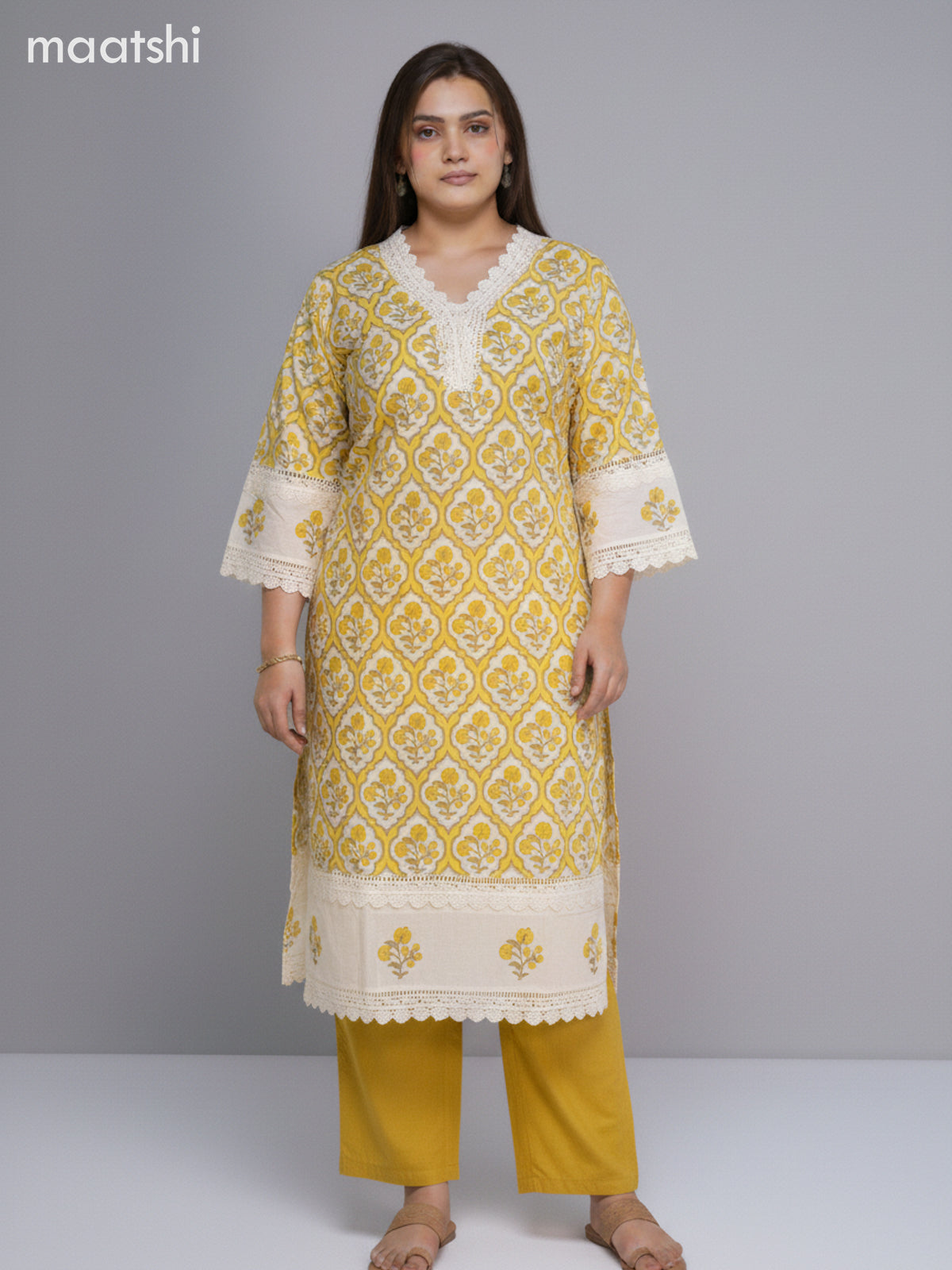Off White and Pale Yellow Cotton Printed Straight Suit
