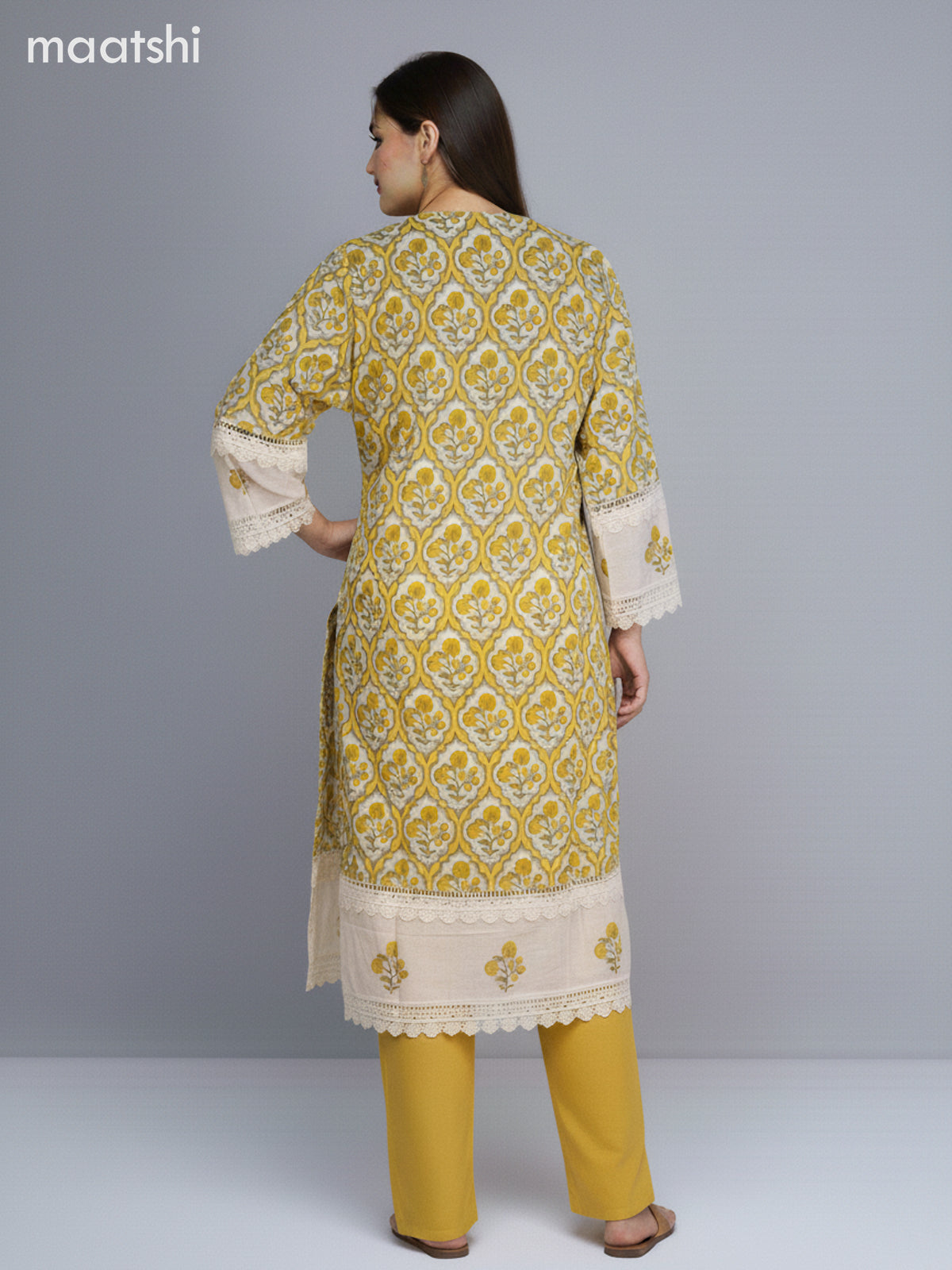 Off White and Pale Yellow Cotton Printed Straight Suit