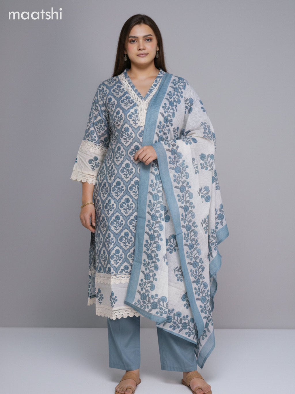 Off White and Pastel Blue Cotton Printed Straight Suit