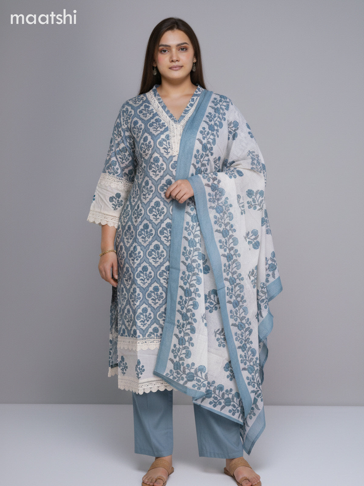 Off White and Pastel Blue Cotton Printed Straight Suit
