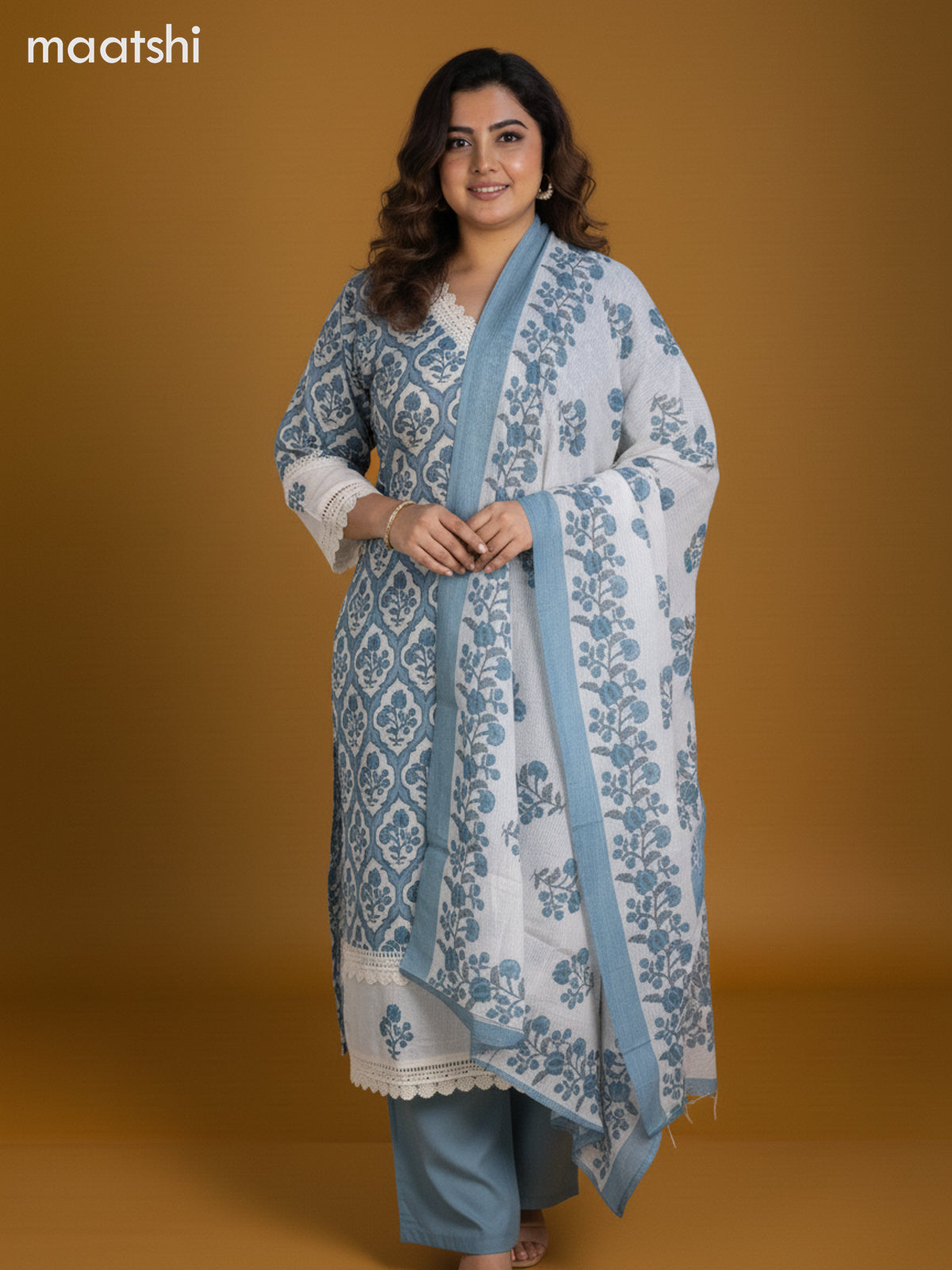 Off White and Pastel Blue Cotton Printed Straight Suit