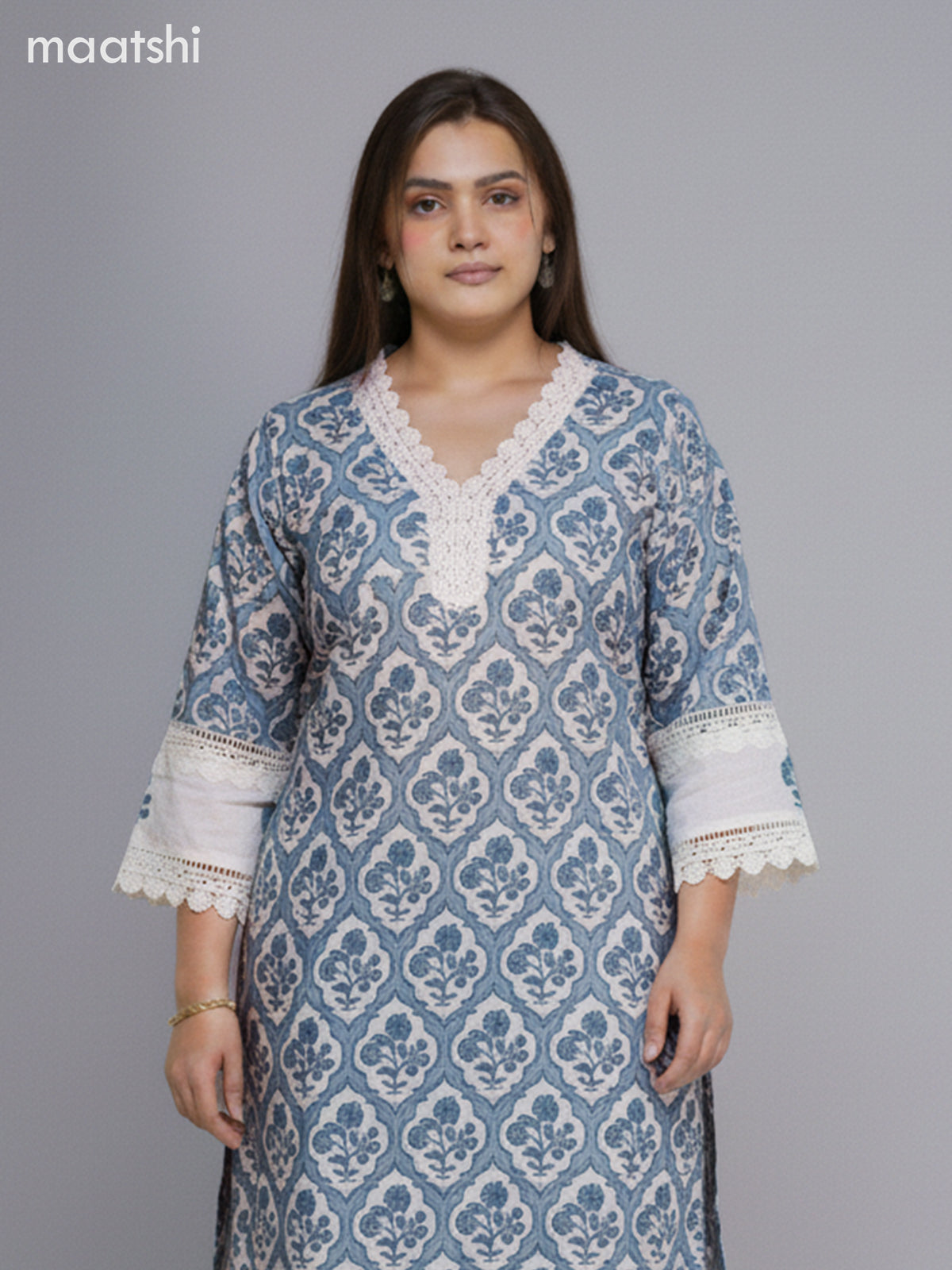 Off White and Pastel Blue Cotton Printed Straight Suit
