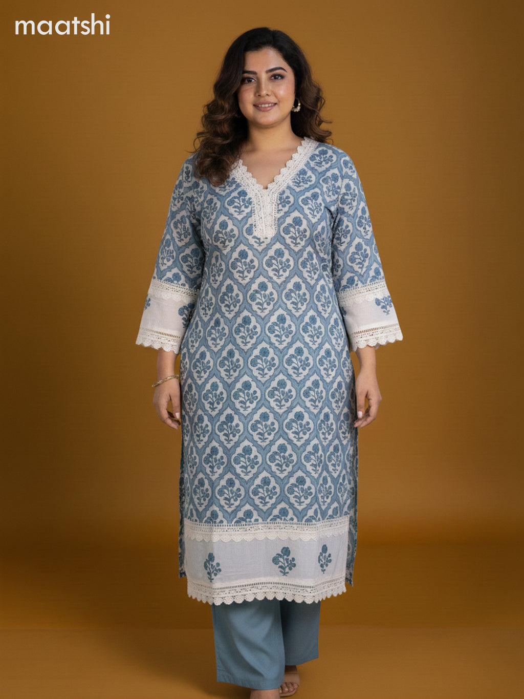 Off White and Pastel Blue Cotton Printed Straight Suit