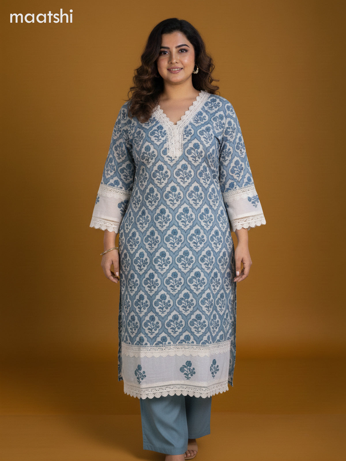 Off White and Pastel Blue Cotton Printed Straight Suit