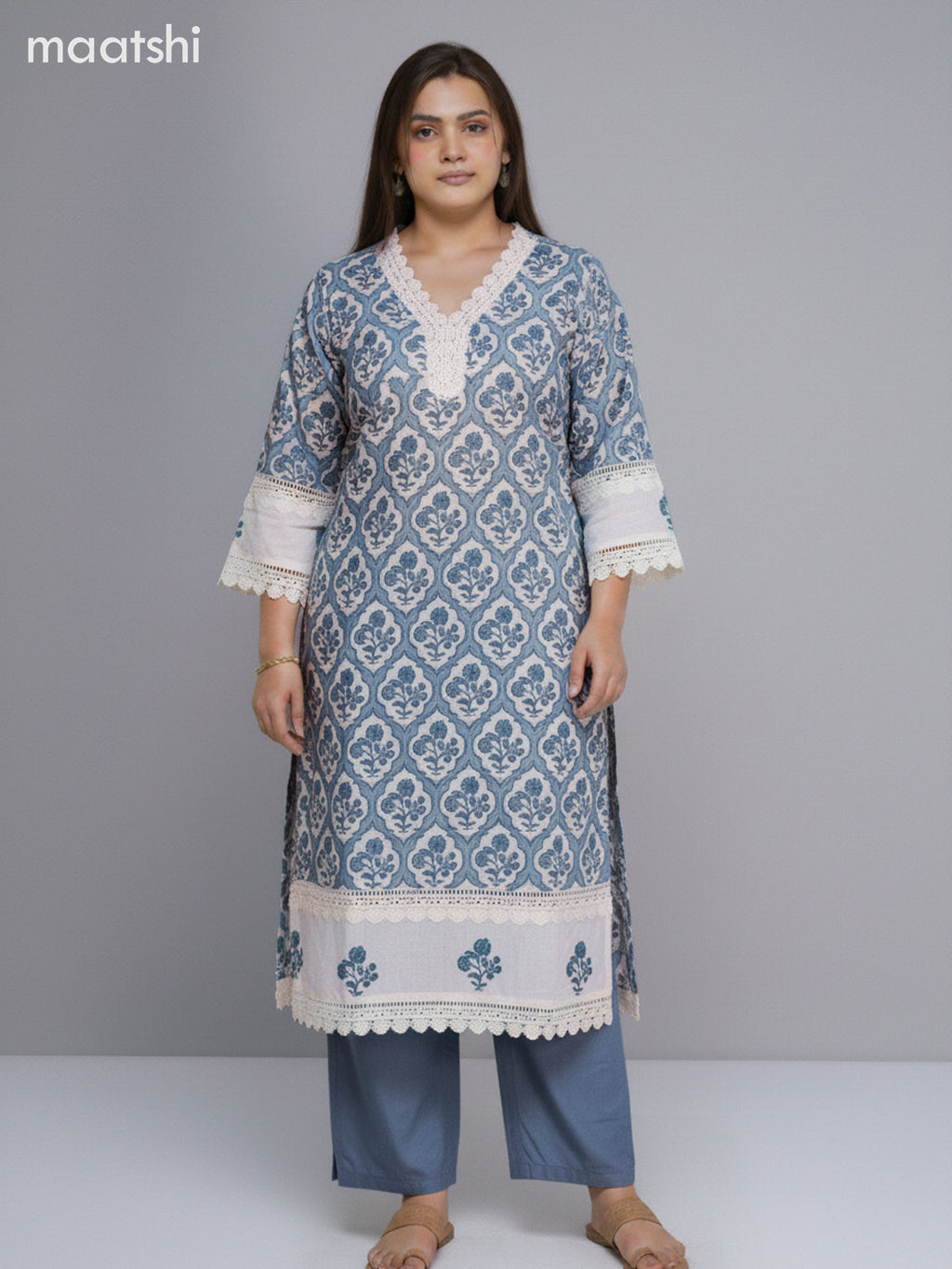 Off White and Pastel Blue Cotton Printed Straight Suit