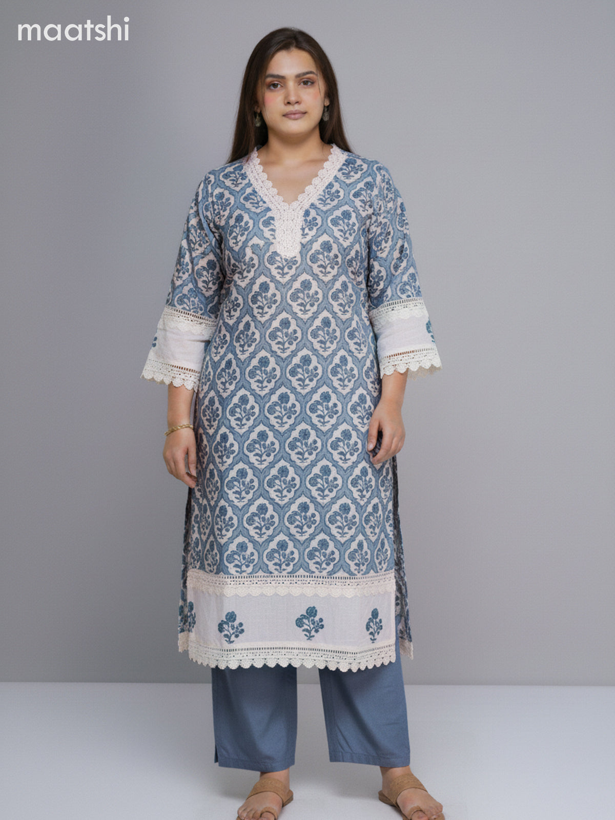 Off White and Pastel Blue Cotton Printed Straight Suit