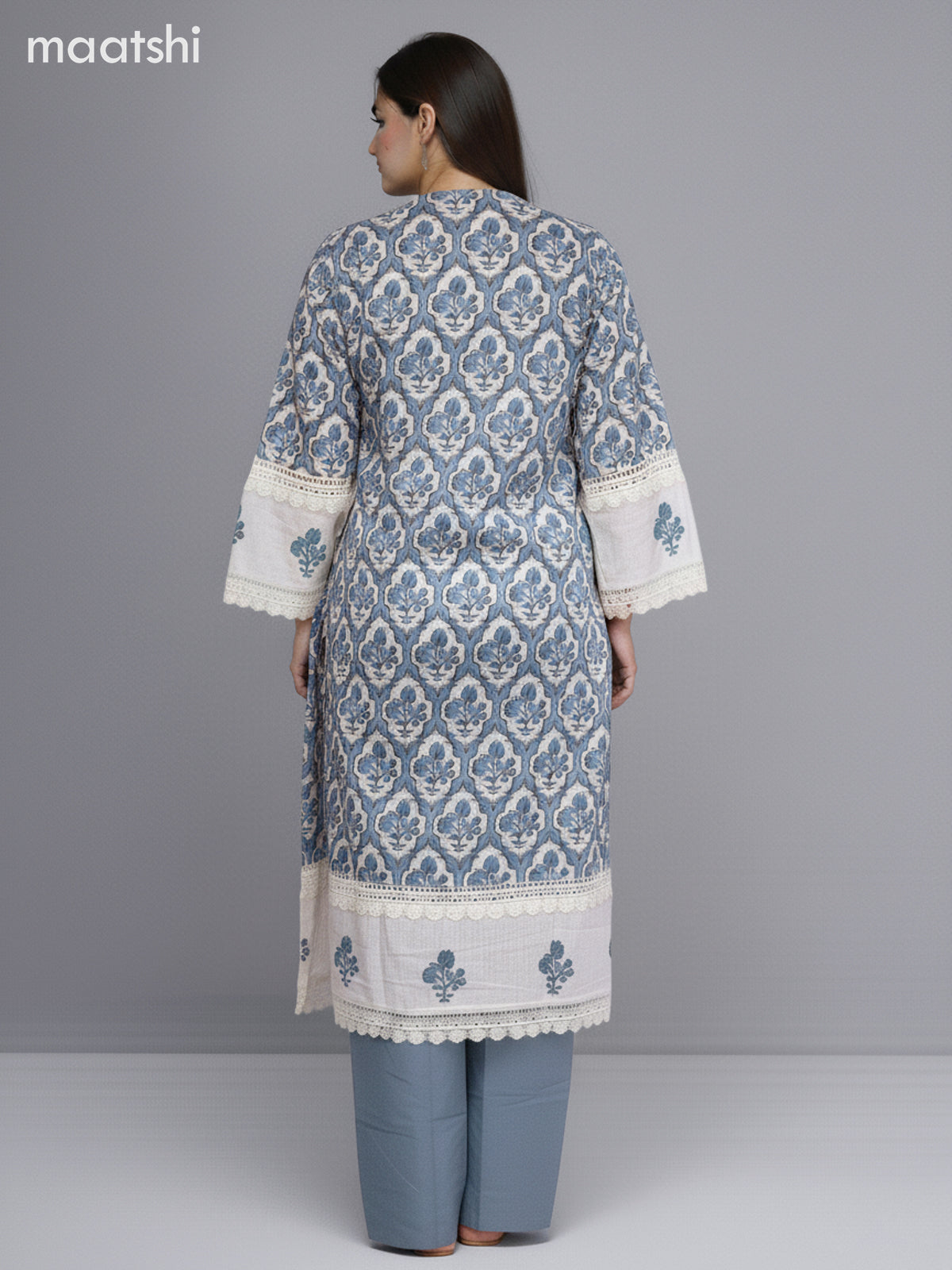 Off White and Pastel Blue Cotton Printed Straight Suit