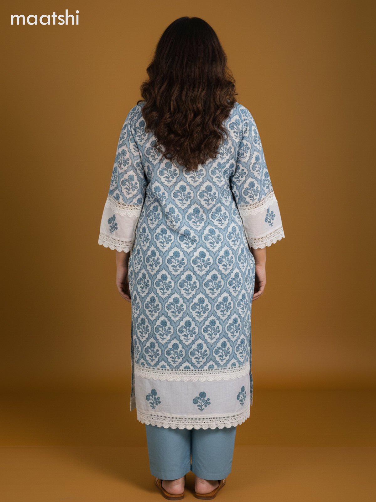 Off White and Pastel Blue Cotton Printed Straight Suit
